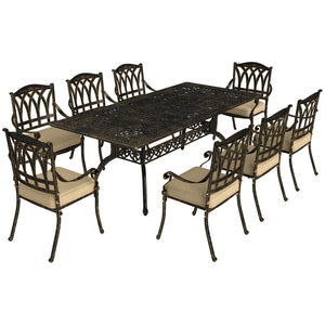 9 Pieces Cast Aluminium Garden Dining Set, 8 Seater Garden Table and Chairs with Parasol Hole, Outdoor Garden Furniture Set with Cushions for Patio, Bronze Tone