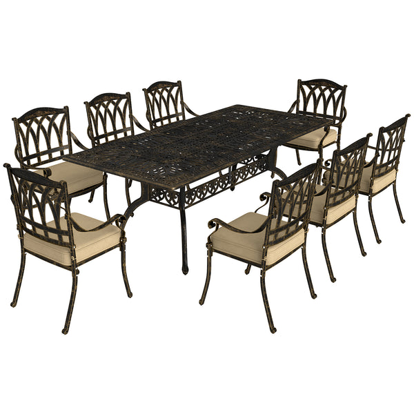 9 Pieces Cast Aluminium Garden Dining Set, 8 Seater Garden Table and Chairs with Parasol Hole, Outdoor Garden Furniture Set with Cushions for Patio, Bronze Tone