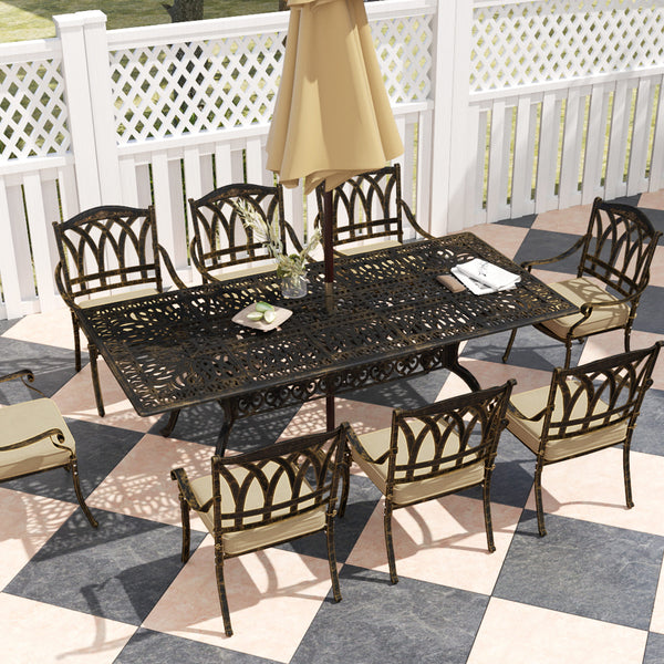 9 Pieces Cast Aluminium Garden Dining Set, 8 Seater Garden Table and Chairs with Parasol Hole, Outdoor Garden Furniture Set with Cushions for Patio, Bronze Tone