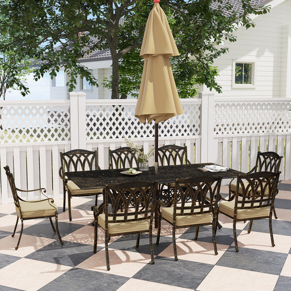 9 Pieces Cast Aluminium Garden Dining Set, 8 Seater Garden Table and Chairs with Parasol Hole, Outdoor Garden Furniture Set with Cushions for Patio, Bronze Tone