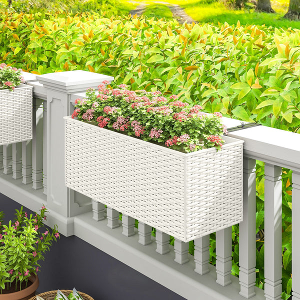 2 Pack Railing Planter Box, 20 Inch Hanging Flower Pots with Hooks and Drainage Hole, Rectangular Planters for Fence, Balcony, Garden, Patio, Rattan Look, White