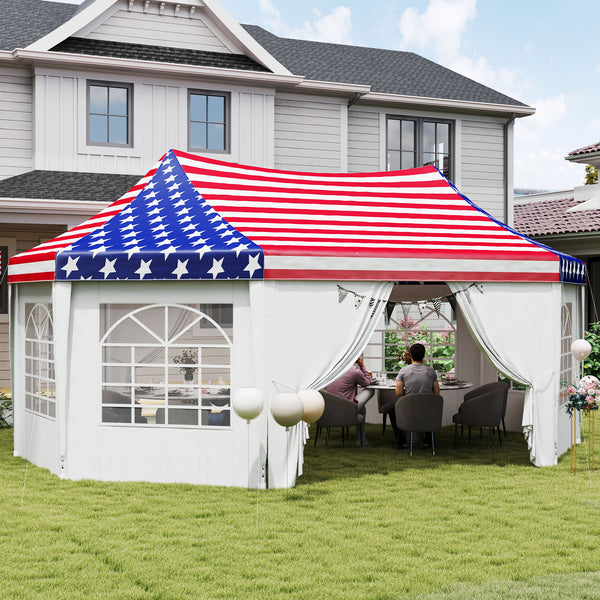 22.3 x 16.4 ft Party Tent, Heavy Duty Event Tent with Sidewalls, 2 Doors and 6 Windows, Outdoor Gazebo Shelter for Wedding, Party, American Flag