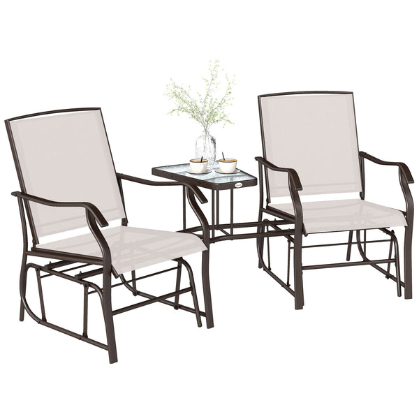 Double Patio Glider Chair with Glass Top Center Table, Outdoor Glider Loveseat with High Back,  All Weather Breathable Mesh Fabric for Garden, Backyard, Deck, Beige