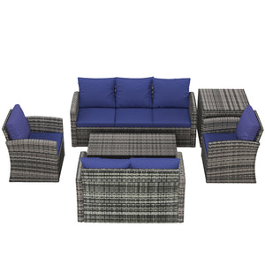 6 Pieces Rattan Garden Furniture Set, 7 Seater Wicker Outdoor Furniture Set with Storage Tea Table & Side Table, Sectional Garden Sofa Set with Cushions, Navy Blue