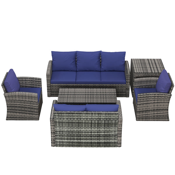6 Pieces Rattan Garden Furniture Set, 7 Seater Wicker Outdoor Furniture Set with Storage Tea Table & Side Table, Sectional Garden Sofa Set with Cushions, Navy Blue