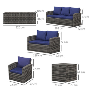 6 Pieces Rattan Garden Furniture Set, 7 Seater Wicker Outdoor Furniture Set with Storage Tea Table & Side Table, Sectional Garden Sofa Set with Cushions, Navy Blue