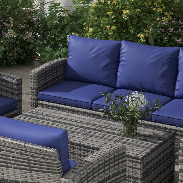 6 Pieces Rattan Garden Furniture Set, 7 Seater Wicker Outdoor Furniture Set with Storage Tea Table & Side Table, Sectional Garden Sofa Set with Cushions, Navy Blue