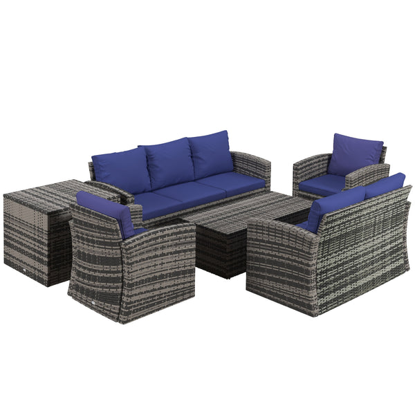 6 Pieces Rattan Garden Furniture Set, 7 Seater Wicker Outdoor Furniture Set with Storage Tea Table & Side Table, Sectional Garden Sofa Set with Cushions, Navy Blue