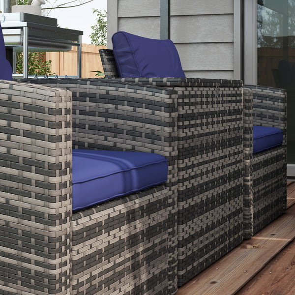 6 Pieces Rattan Garden Furniture Set, 7 Seater Wicker Outdoor Furniture Set with Storage Tea Table & Side Table, Sectional Garden Sofa Set with Cushions, Navy Blue