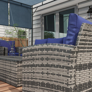 6 Pieces Rattan Garden Furniture Set, 7 Seater Wicker Outdoor Furniture Set with Storage Tea Table & Side Table, Sectional Garden Sofa Set with Cushions, Navy Blue