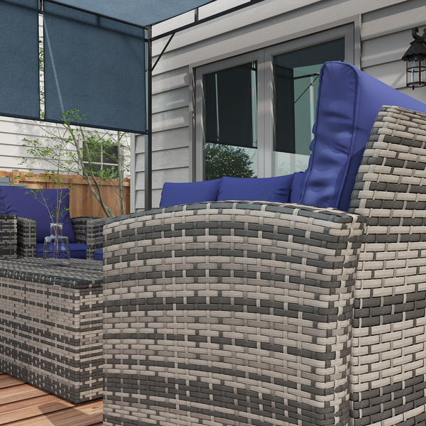 6 Pieces Rattan Garden Furniture Set, 7 Seater Wicker Outdoor Furniture Set with Storage Tea Table & Side Table, Sectional Garden Sofa Set with Cushions, Navy Blue
