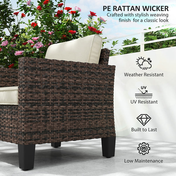 Single Seater Rattan Garden Armchair, PE Wicker Rattan Chair with Armrests and Cushions, Garden Chair with Galvanised Steel Frame for Conservatory, Porch, Brown