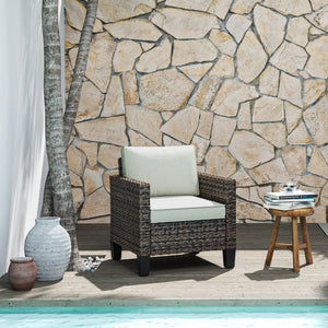 Single Seater Rattan Garden Armchair, PE Wicker Rattan Chair with Armrests and Cushions, Garden Chair with Galvanised Steel Frame for Conservatory, Porch, Brown