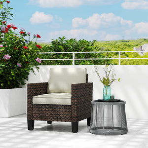 Single Seater Rattan Garden Armchair, PE Wicker Rattan Chair with Armrests and Cushions, Garden Chair with Galvanised Steel Frame for Conservatory, Porch, Brown