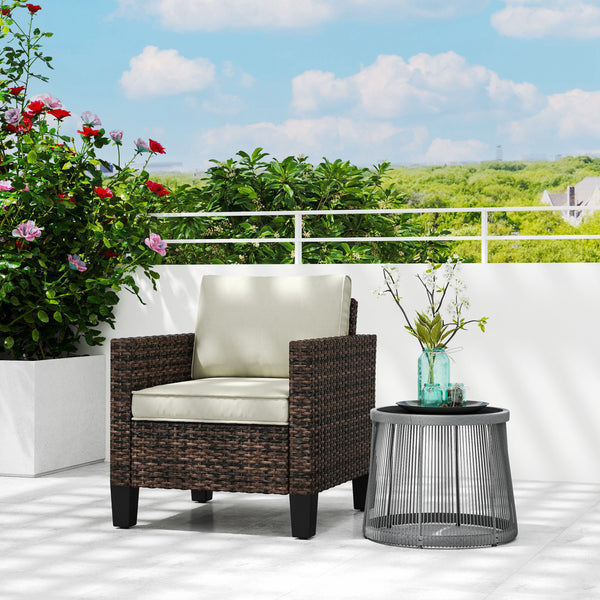 Single Seater Rattan Garden Armchair, PE Wicker Rattan Chair with Armrests and Cushions, Garden Chair with Galvanised Steel Frame for Conservatory, Porch, Brown