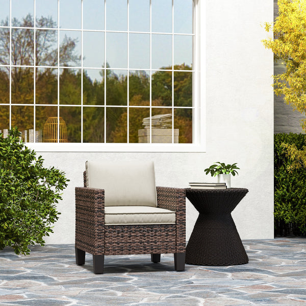 Single Seater Rattan Garden Armchair, PE Wicker Rattan Chair with Armrests and Cushions, Garden Chair with Galvanised Steel Frame for Conservatory, Porch, Brown