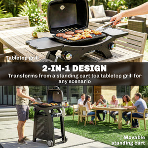 2 Burner Gas Grill with 2 Detachable Side Tables, 3.8 KW Steel Barbecue Grill with Cast Iron Grates, 2-in-1 Portable Tabletop BBQ with Wheels, Thermometer, Grease Tray, Hooks, Black