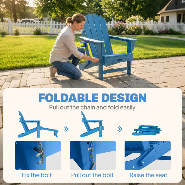 Folding Adirondack Chair Set of 2, Outdoor HDPE Fire Pit Chair with Retractable Ottoman, Cup Holder and Large Seat for Deck, Garden, Backyard, Blue