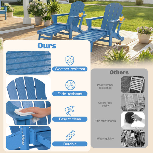 Folding Adirondack Chair Set of 2, Outdoor HDPE Fire Pit Chair with Retractable Ottoman, Cup Holder and Large Seat for Deck, Garden, Backyard, Blue