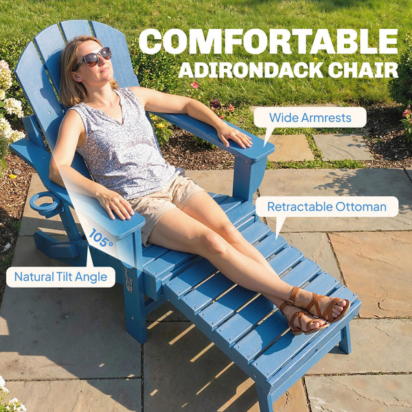 Folding Adirondack Chair Set of 2, Outdoor HDPE Fire Pit Chair with Retractable Ottoman, Cup Holder and Large Seat for Deck, Garden, Backyard, Blue