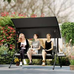 3 Seater Garden Swing Seat Swing Chair with Adjustable Canopy, Removable Cushion and Coffee Tables for Outdoor Patio Garden Dark Grey