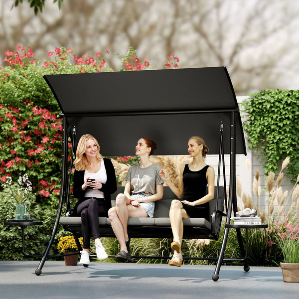 3 Seater Garden Swing Seat Swing Chair with Adjustable Canopy, Removable Cushion and Coffee Tables for Outdoor Patio Garden Dark Grey