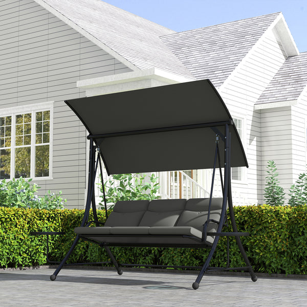 3 Seater Garden Swing Seat Swing Chair with Adjustable Canopy, Removable Cushion and Coffee Tables for Outdoor Patio Garden Dark Grey