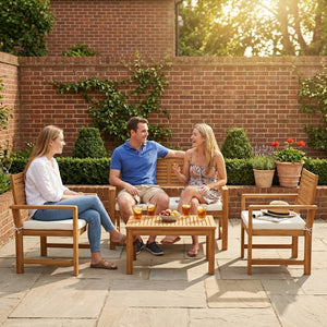 4 Seater Wooden Garden Furniture Set with Loveseat, 2 Armchairs, Wood-Top Table, Acacia Wood Garden Sofa Set with Cushions, Outdoor Furniture Conversation Sets, Cream White
