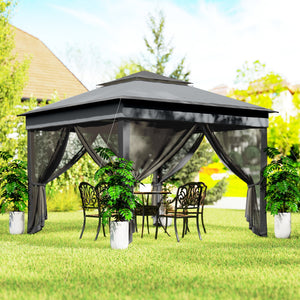 10.7 x 10.7ft Pop Up Camping Gazebo, Height Adjustable Instant Sun Shelter with UV30+ Roof Cover, Removable Mesh Curtains and Carrying Bag for Patio, Backyard, Dark Grey