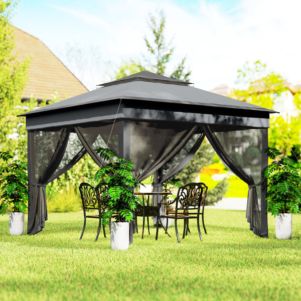 10.7 x 10.7ft Pop Up Camping Gazebo, Height Adjustable Instant Sun Shelter with UV30+ Roof Cover, Removable Mesh Curtains and Carrying Bag for Patio, Backyard, Dark Grey