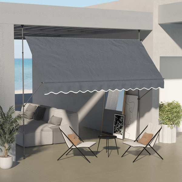 Outsunny Manual Retractable Awning, 138" Non-Screw Patio Sun Shade Shelter with Support Pole Stand and UV Resistant Fabric for Window, Door, Porch, Deck, Dark Gray