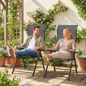 Folding Patio Chairs Set of 2, Reclining Outdoor Chair with 33.5" High Back, Retractable Footrest, 5-Position Outdoor Recliner Lounge Chairs for Lawn Yard Beach, Dark Grey