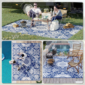 Outsunny Reversible Outdoor Rug, 9' x 12' Waterproof Plastic Straw Floor Mat, Portable RV Camping Carpet, Large Floor Mat for Backyard, Deck, Picnic, Beach, Blue & White Floral