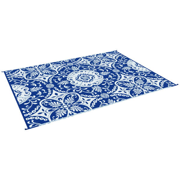 Outsunny Reversible Outdoor Rug, 9' x 12' Waterproof Plastic Straw Floor Mat, Portable RV Camping Carpet, Large Floor Mat for Backyard, Deck, Picnic, Beach, Blue & White Floral