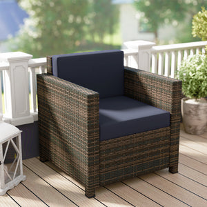Single Seater Rattan Chair, PE Wicker Garden Armchair with 10 cm Thickened Cushion, All-Weather Rattan Garden Chair with Armrests, Mixed Brown/Navy Blue
