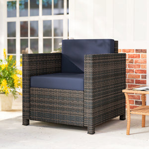 Single Seater Rattan Chair, PE Wicker Garden Armchair with 10 cm Thickened Cushion, All-Weather Rattan Garden Chair with Armrests, Mixed Brown/Navy Blue