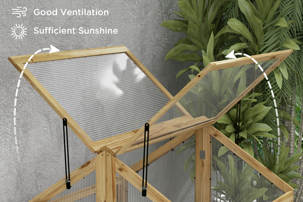 Wooden bird cage with mesh top, labeled for good ventilation and sufficient sunshine.