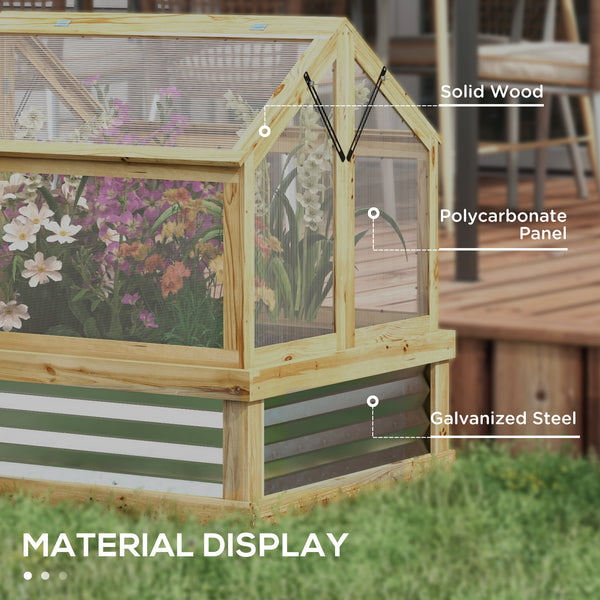 Outsunny Raised Garden Bed with Polycarbonate Greenhouse, Wooden Cold Frame Greenhouse, Garden Flower Planter Protection, Peak Roof, 35.5" x 31.5" x 36", Natural