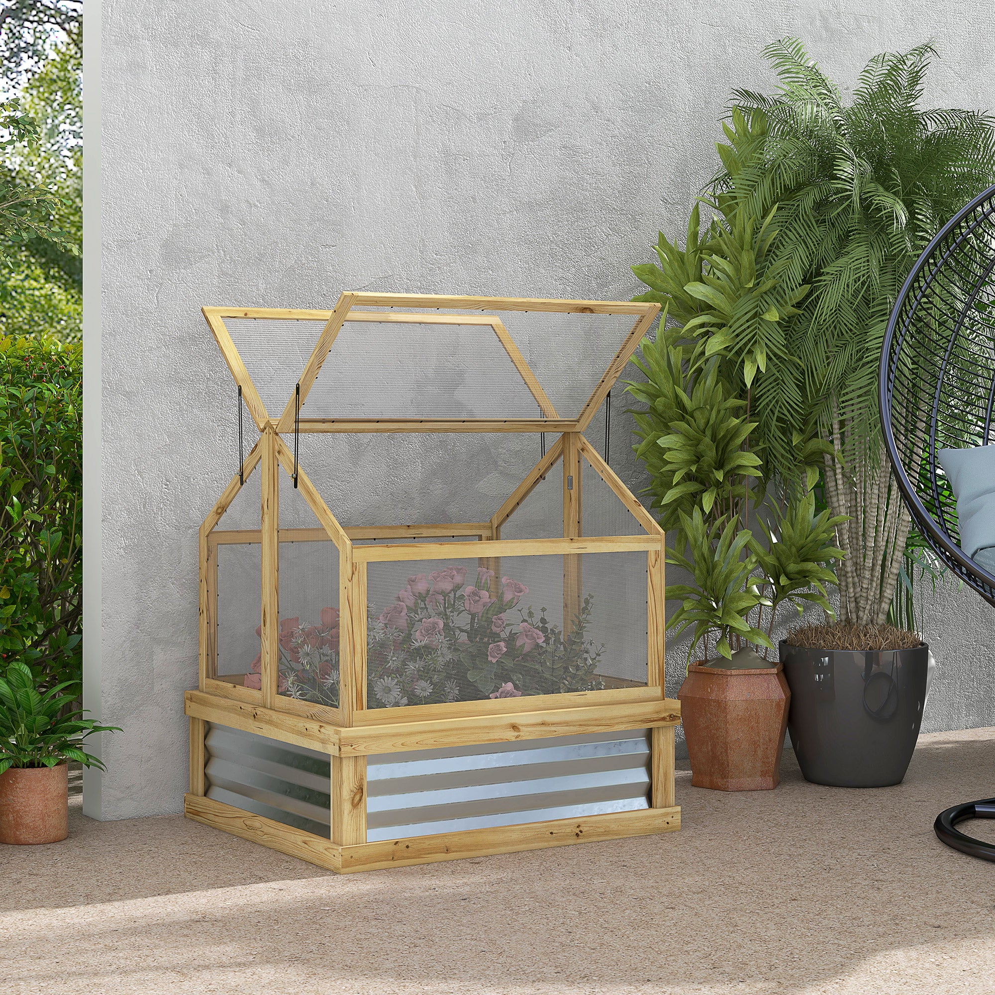 green house planter NookGrow Peak Garden Bed with Planter Protection, 35.5" x 31.5" x 36", Natural