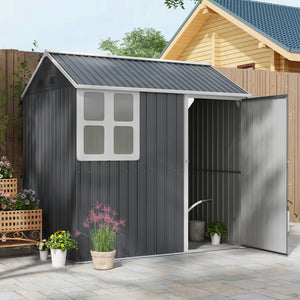 7 x 6 ft Garden Shed, Metal Shed with Single Door, Window and Air Vents, Galvanised Outdoor Lockable Tool Storage House, Dark Grey