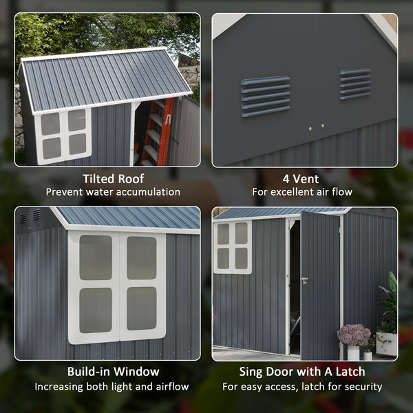 7 x 6 ft Garden Shed, Metal Shed with Single Door, Window and Air Vents, Galvanised Outdoor Lockable Tool Storage House, Dark Grey