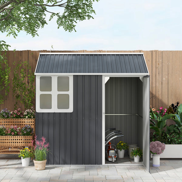 7 x 6 ft Garden Shed, Metal Shed with Single Door, Window and Air Vents, Galvanised Outdoor Lockable Tool Storage House, Dark Grey