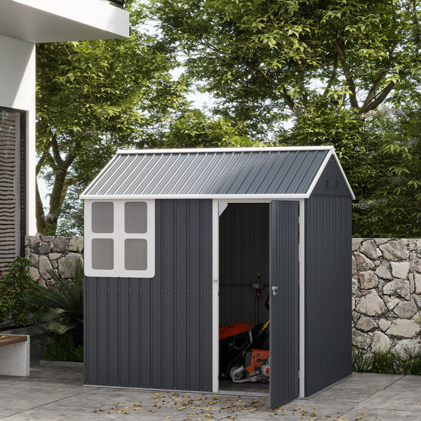 7 x 6 ft Garden Shed, Metal Shed with Single Door, Window and Air Vents, Galvanised Outdoor Lockable Tool Storage House, Dark Grey