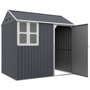 7 x 6 ft Garden Shed, Metal Shed with Single Door, Window and Air Vents, Galvanised Outdoor Lockable Tool Storage House, Dark Grey
