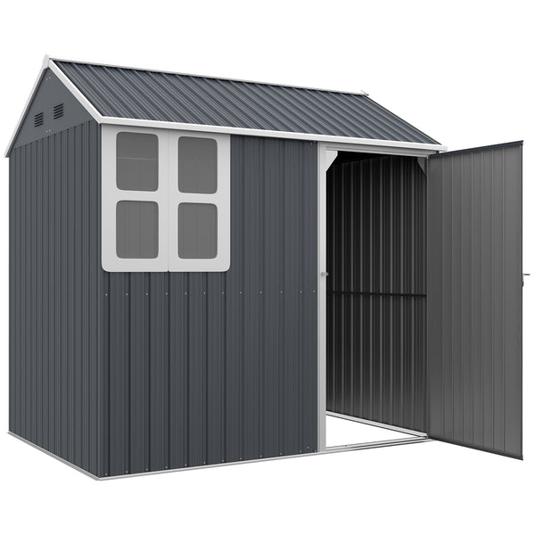 7 x 6 ft Garden Shed, Metal Shed with Single Door, Window and Air Vents, Galvanised Outdoor Lockable Tool Storage House, Dark Grey