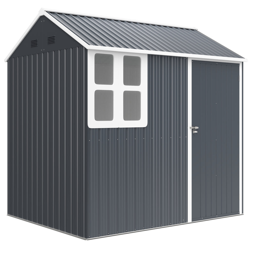 7 x 6 ft Garden Shed, Metal Shed with Single Door, Window and Air Vents, Galvanised Outdoor Lockable Tool Storage House, Dark Grey