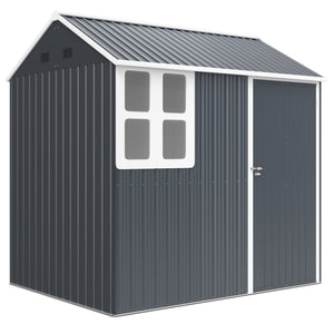 7 x 6 ft Garden Shed, Metal Shed with Single Door, Window and Air Vents, Galvanised Outdoor Lockable Tool Storage House, Dark Grey