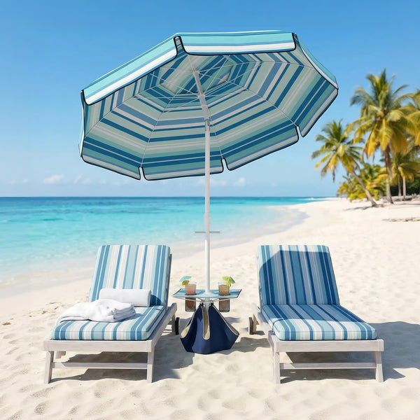 6 ft Portable Beach Umbrella with Foldable Table, Cup Holders, Tilting Outdoor Sun Shade with Sand Anchor, Sandbag, Adjustable Height, Carry Bag, UV Protection, Dark Blue