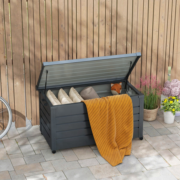 82 Gallon Garden Storage Box, Waterproof Outdoor Storage Container with Wheels and Handles, Lockable Galvanised Steel Outside Deck Box for Tools, Cushions, Dark Grey