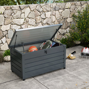 82 Gallon Garden Storage Box, Waterproof Outdoor Storage Container with Wheels and Handles, Lockable Galvanised Steel Outside Deck Box for Tools, Cushions, Dark Grey